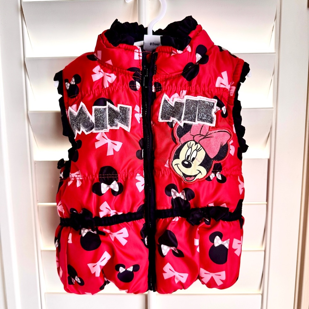 Disney Minnie Mouse Red Puffer Vest Baby‎ Girl 18M Glitter Patch Ruffle Trim
